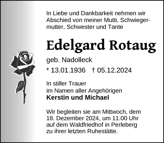 Traueranzeige von Edelgard Rotaug von Der Prignitzer, Prignitz Express