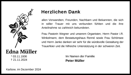 Traueranzeige von Edna Müller von Parchim und Lübz