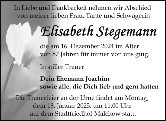 Traueranzeige von Elisabeth Stegemann von Nordkurier Müritz-Zeitung