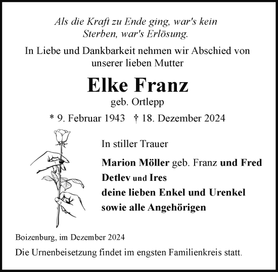 Traueranzeige von Elke Franz von Hagenower Kreisblatt