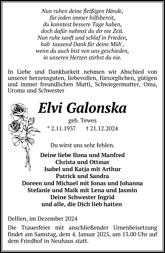 Traueranzeige von Elvi Galonska von Hagenower Kreisblatt