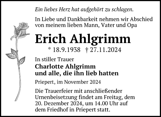 Traueranzeige von Erich Ahlgrimm von Nordkurier Strelitzer Zeitung