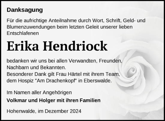 Traueranzeige von Erika Hendriock 