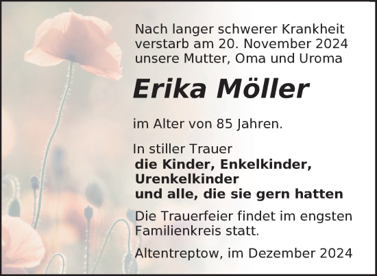 Traueranzeige von Erika Möller von Nordkurier Neubrandenburger Zeitung