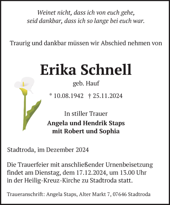 Traueranzeige von Erika Schnell von Güstrow und Bützow