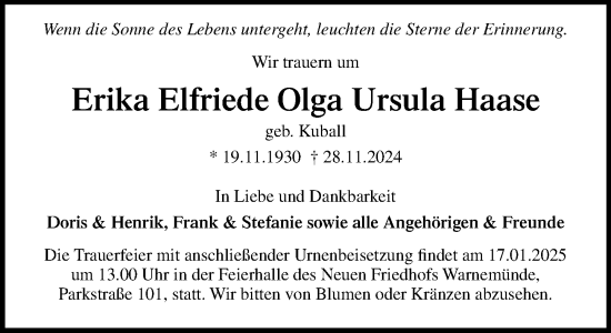 Traueranzeige von Erika Elfriede Olga Ursula Haase von Norddeutsche Neueste Nachrichten