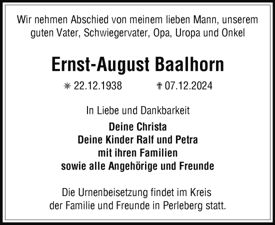 Traueranzeige von Ernst-August Baalhorn von Der Prignitzer, Prignitz Express