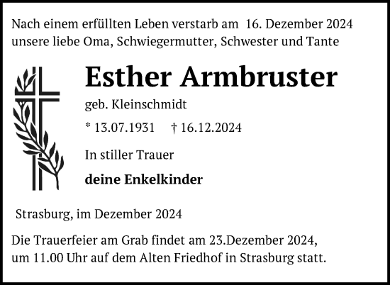 Traueranzeige von Esther Armbruster von Nordkurier Pasewalker Zeitung