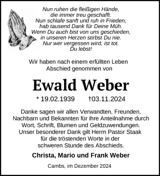 Traueranzeige von Ewald Weber von Zeitung für die Landeshauptstadt