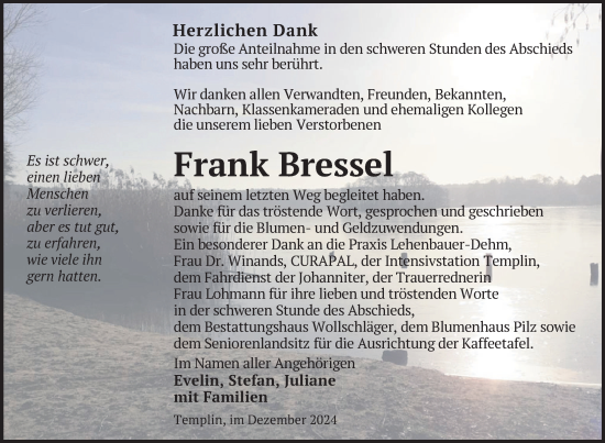 Traueranzeige von Frank Bressel von Uckermark Kurier Templiner Zeitung