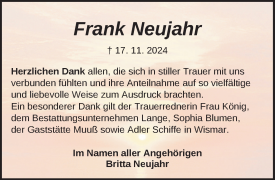 Traueranzeige von Frank Neujahr von Gadebusch - Rehnaer Zeitung