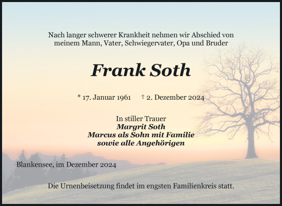 Traueranzeige von Frank Soth von Nordkurier Pasewalker Zeitung