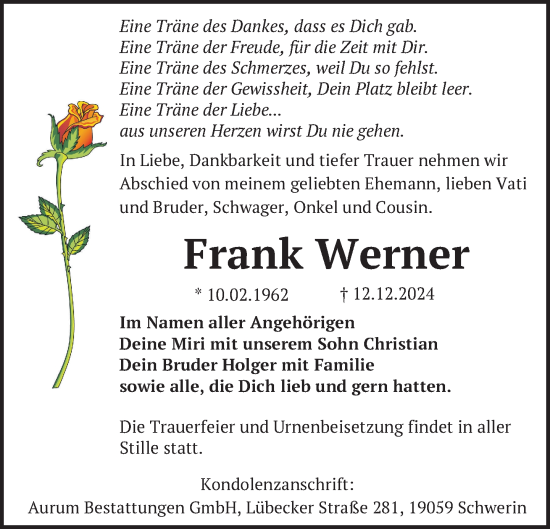 Traueranzeige von Frank Werner von Zeitung für die Landeshauptstadt