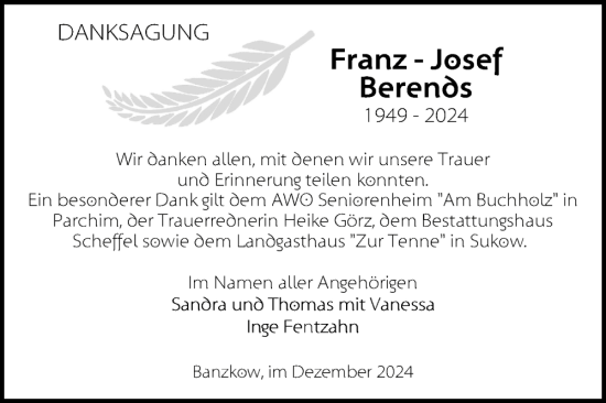 Traueranzeige von Franz-Josef Berends von Zeitung für die Landeshauptstadt