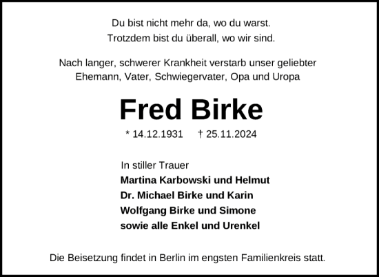 Traueranzeige von Fred Birke von Nordkurier Haff-Zeitung