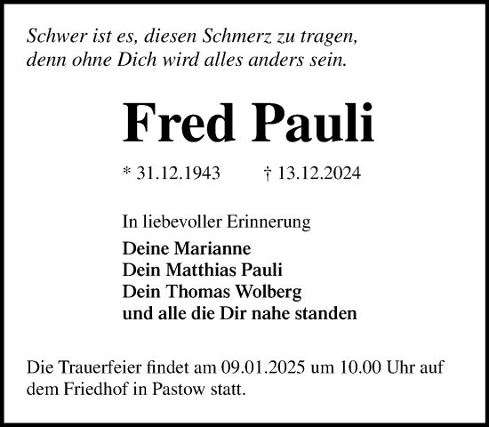 Traueranzeige von Fred Pauli von Norddeutsche Neueste Nachrichten