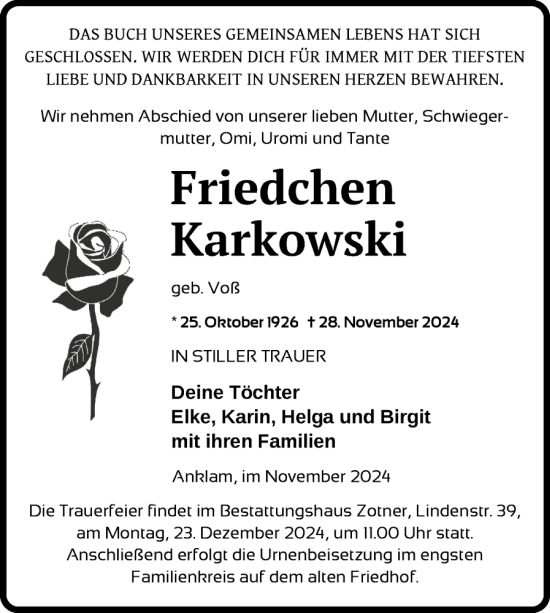 Traueranzeige von Friedchen Karkowski von Nordkurier Vorpommern Kurier