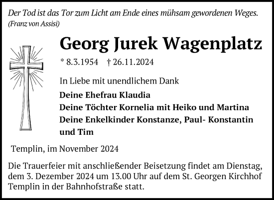 Traueranzeige von Georg Jurek Wagenplatz von Uckermark Kurier Templiner Zeitung