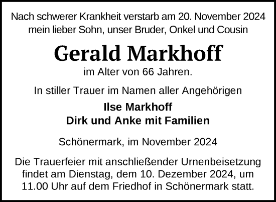 Traueranzeige von Gerald Markhoff von Uckermark Kurier Prenzlauer Zeitung