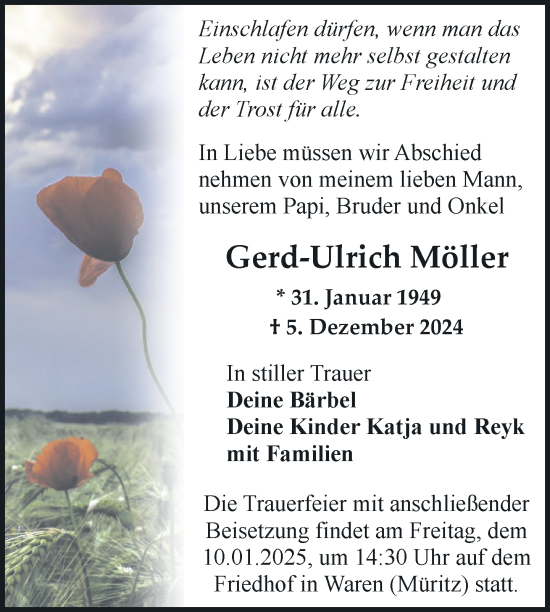 Traueranzeige von Gerd-Ulrich Möller von Nordkurier Müritz-Zeitung