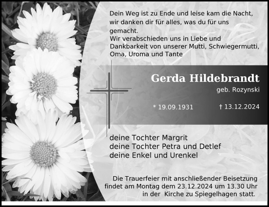 Traueranzeige von Gerda Hildebrandt von Der Prignitzer