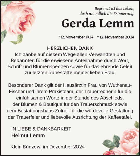 Traueranzeige von Gerda Lemm von Nordkurier Vorpommern Kurier