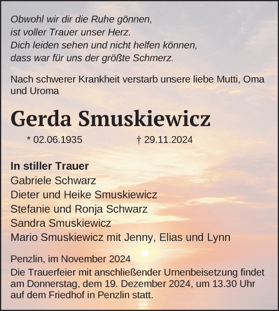 Traueranzeige von Gerda Smuskiewicz von Nordkurier Neubrandenburger Zeitung