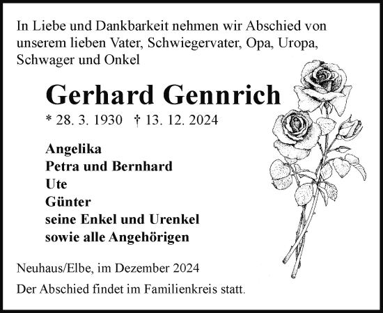 Traueranzeige von Gerhard Gennrich von Hagenower Kreisblatt