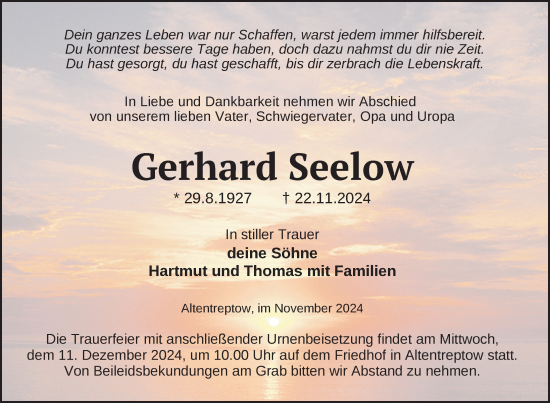 Traueranzeige von Gerhard Seelow von Nordkurier Neubrandenburger Zeitung