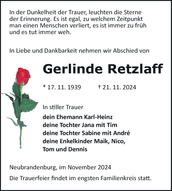 Traueranzeige von Gerlinde Retzlaff von Nordkurier Neubrandenburger Zeitung