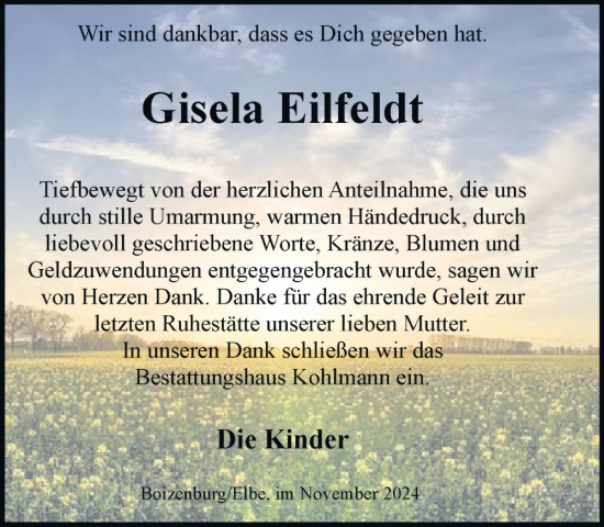 Traueranzeige von Gisela Eilfeldt von Hagenower Kreisblatt