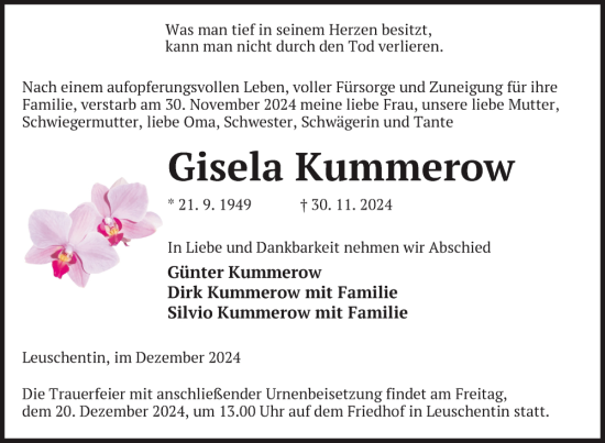 Traueranzeige von Gisela Kummerow von Nordkurier Mecklenburger Schweiz