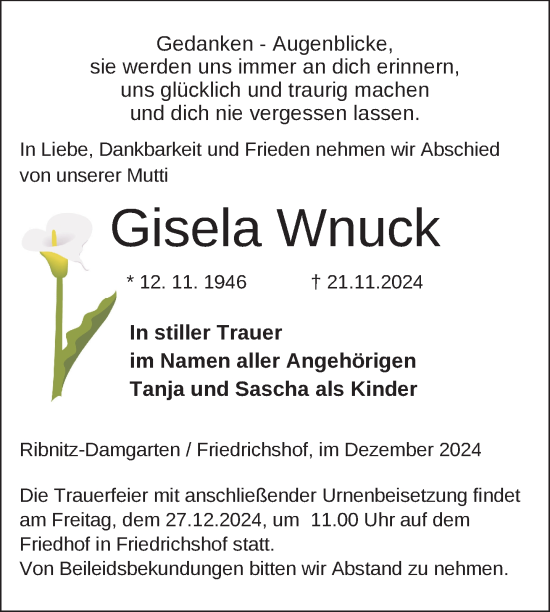 Traueranzeige von Gisela Wnuck von Nordkurier Pasewalker Zeitung