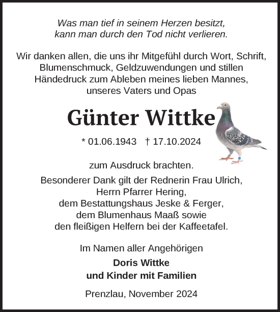 Traueranzeige von Günter Wittke von Uckermark Kurier Prenzlauer Zeitung