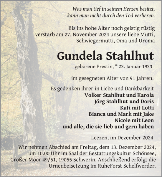 Traueranzeige von Gundela Stahlhut von Zeitung für die Landeshauptstadt