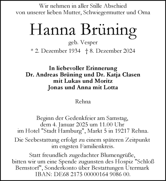 Traueranzeige von Hanna Brüning von Zeitung für die Landeshauptstadt