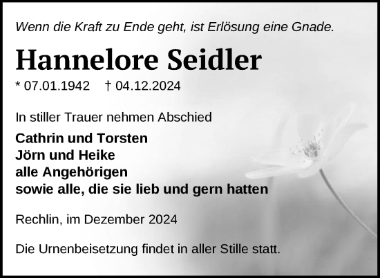 Traueranzeige von Hannelore Seidler von Nordkurier Müritz-Zeitung