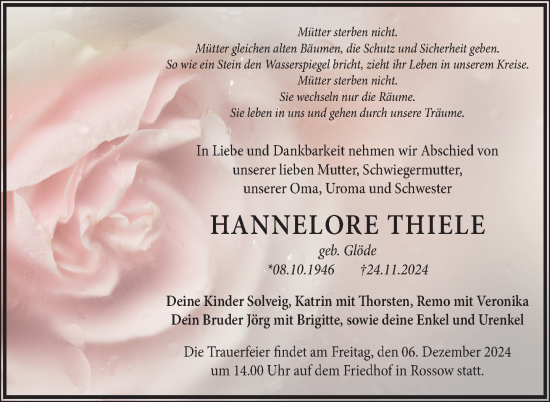 Traueranzeige von Hannelore Thiele von Nordkurier Pasewalker Zeitung