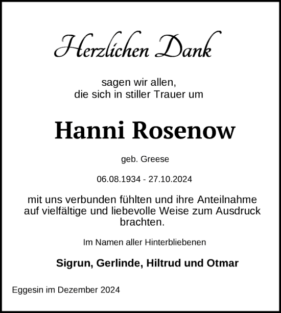 Traueranzeige von Hanni Rosenow von Nordkurier Haff-Zeitung