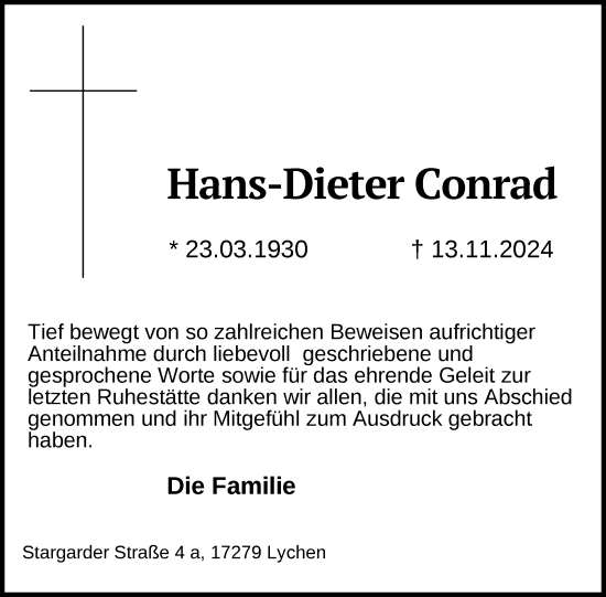 Traueranzeige von Hans-Dieter Conrad von Uckermark Kurier Templiner Zeitung