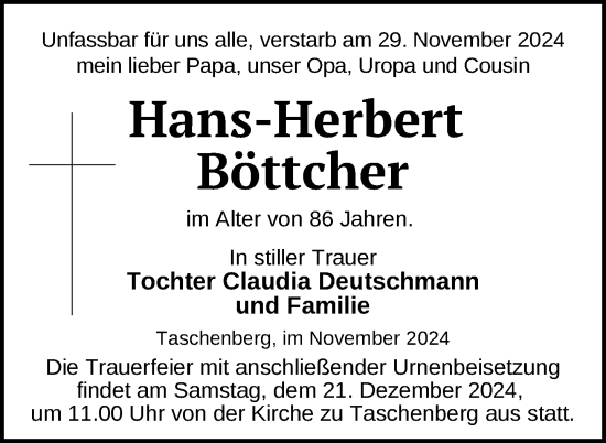 Traueranzeige von Hans-Herbert Böttcher von Uckermark Kurier Prenzlauer Zeitung