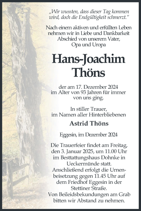 Traueranzeige von Hans-Joachim Thöns von Nordkurier Haff-Zeitung