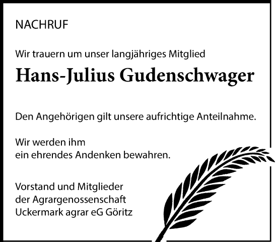 Traueranzeige von Hans-Julius Gudenschwager von Uckermark Kurier Prenzlauer Zeitung