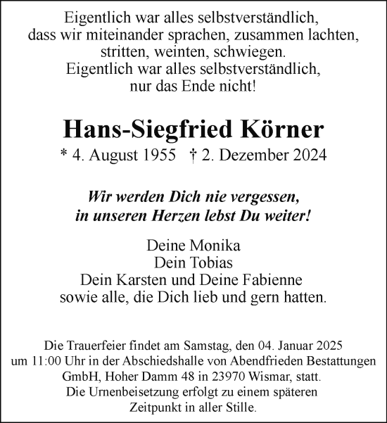 Traueranzeige von Hans-Siegfried Körner von Anzeiger für Sternberg - Brüel - Warin