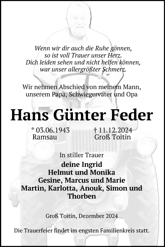 Traueranzeige von Hans Günter Feder von Nordkurier Vorpommern Kurier