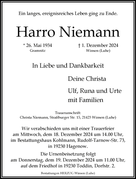 Traueranzeige von Harro Niemann von Hagenower Kreisblatt