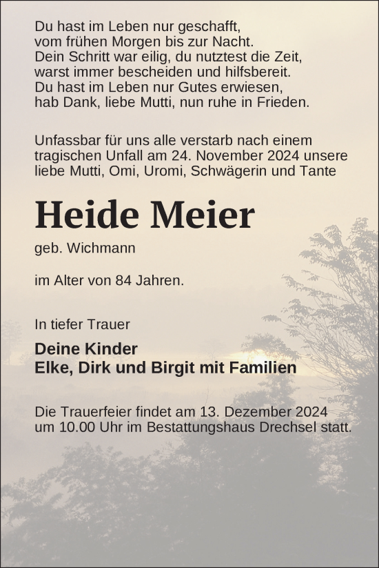 Traueranzeige von Heide Meier von Nordkurier Neubrandenburger Zeitung