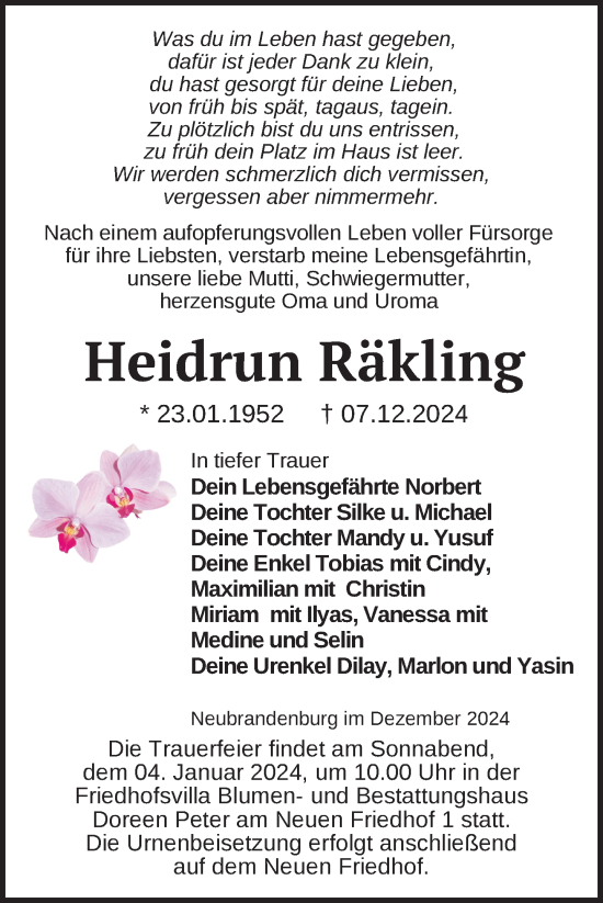 Traueranzeige von Heidrun Räkling von Nordkurier Neubrandenburger Zeitung