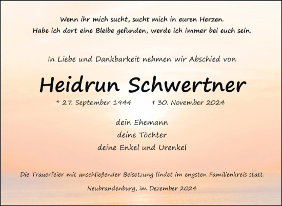 Traueranzeige von Heidrun Schwertner von Nordkurier Neubrandenburger Zeitung