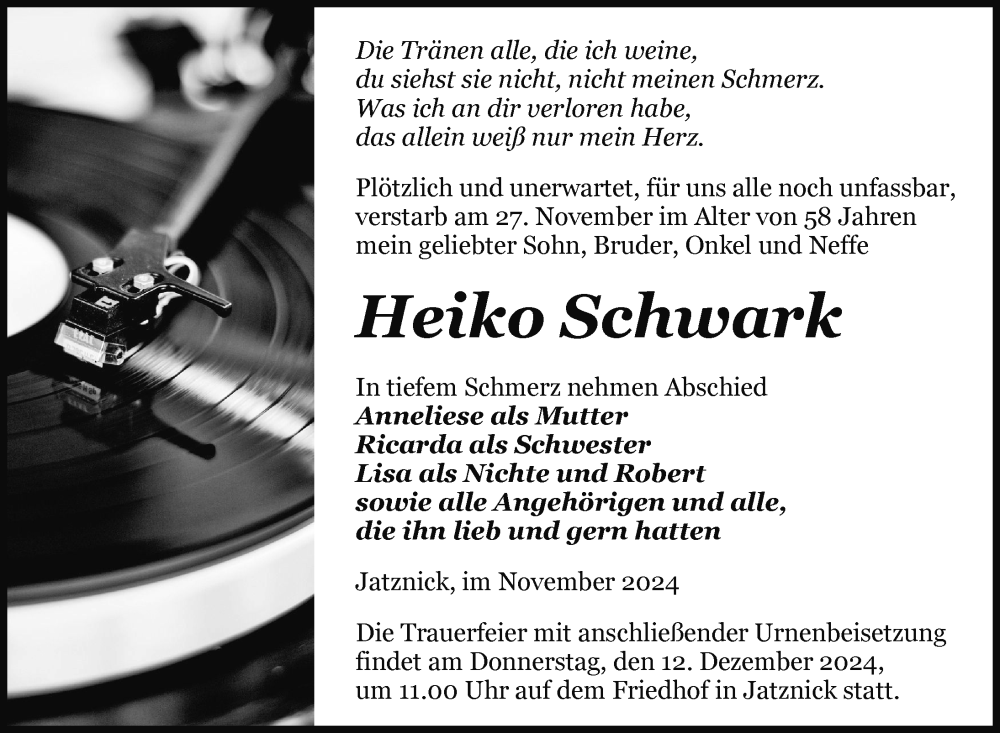  Traueranzeige für Heiko Schwark vom 04.12.2024 aus Nordkurier Pasewalker Zeitung